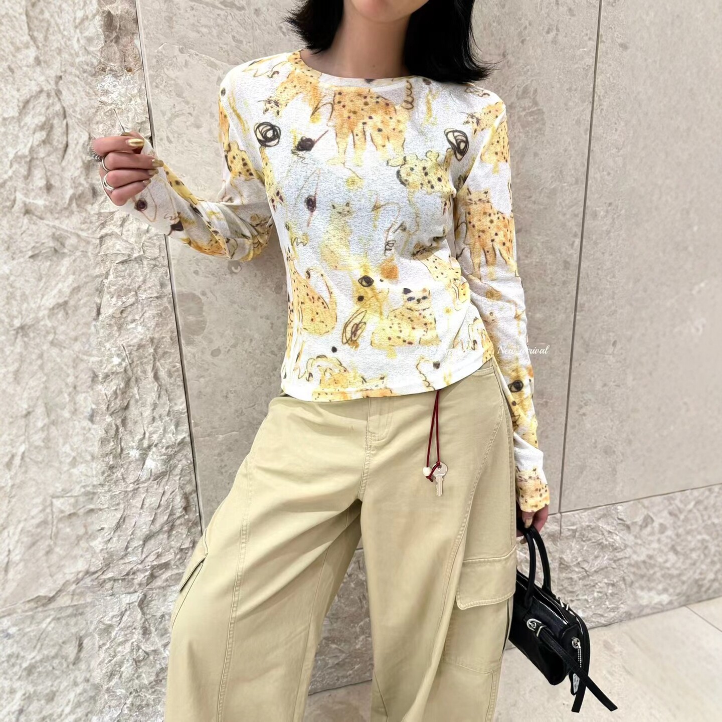 欧货2026春夏新款设计感趣味猫咪印花圆领长袖百搭防晒T恤上衣