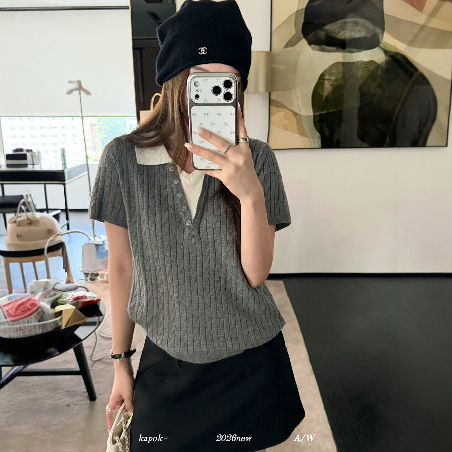 撞色POLO领假两件针织衫上衣