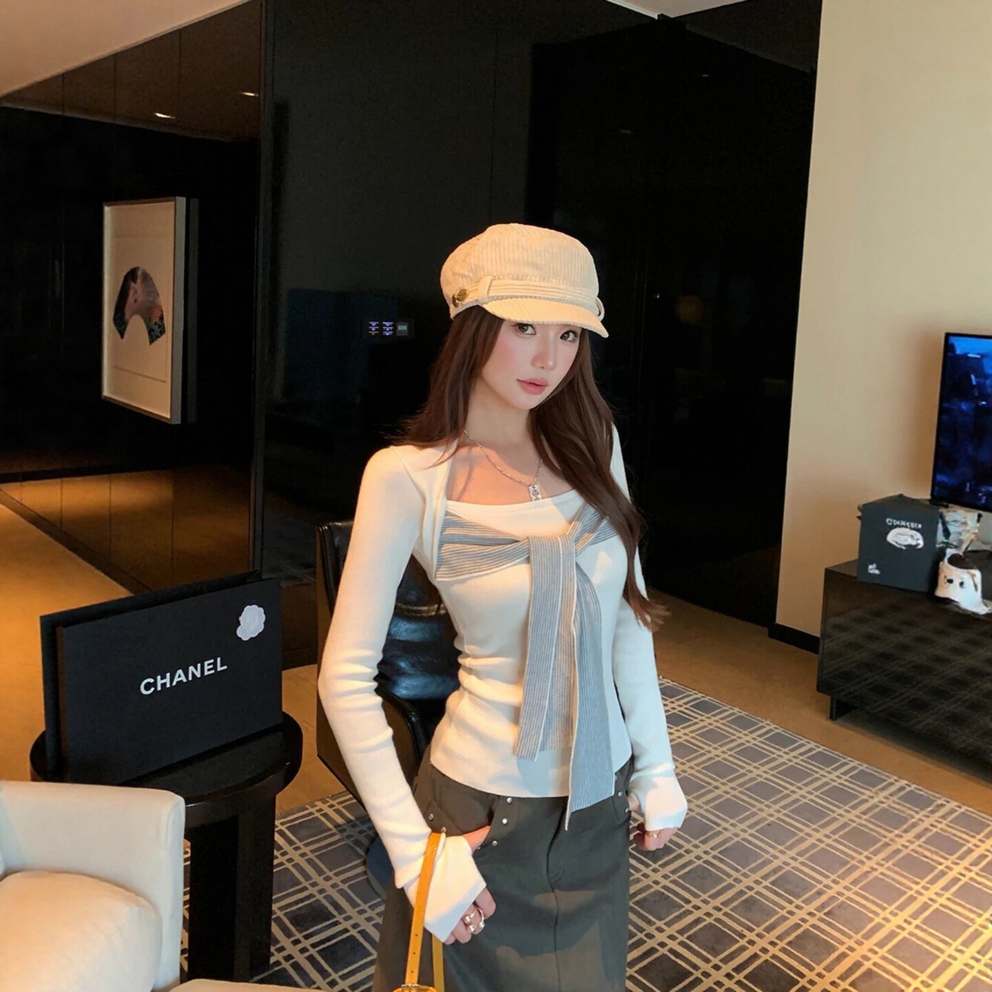 气质方领蝴蝶结修身显瘦针织衫女