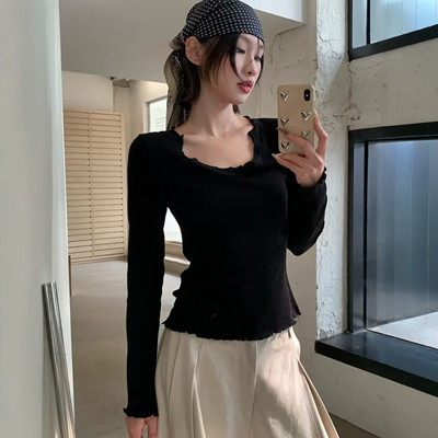 波浪圆领打底衫辣妹T恤女