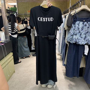 MUMU2024夏季新款韩版美式复古字母印花收腰显瘦气质T恤连衣裙