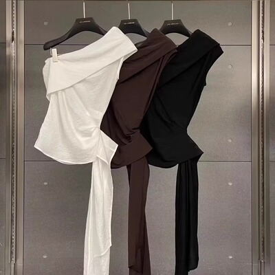 斜领露肩百搭甜美衬衫上衣