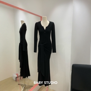 2026春季新款打底长裙女韩版圆领半开扣系带收腰小女人气质连衣裙