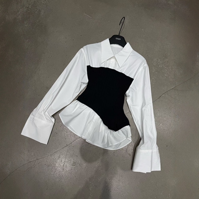 针织拼接收腰显瘦衬衫上衣