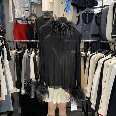 设计感羽毛拼接性感透视衬衫上衣