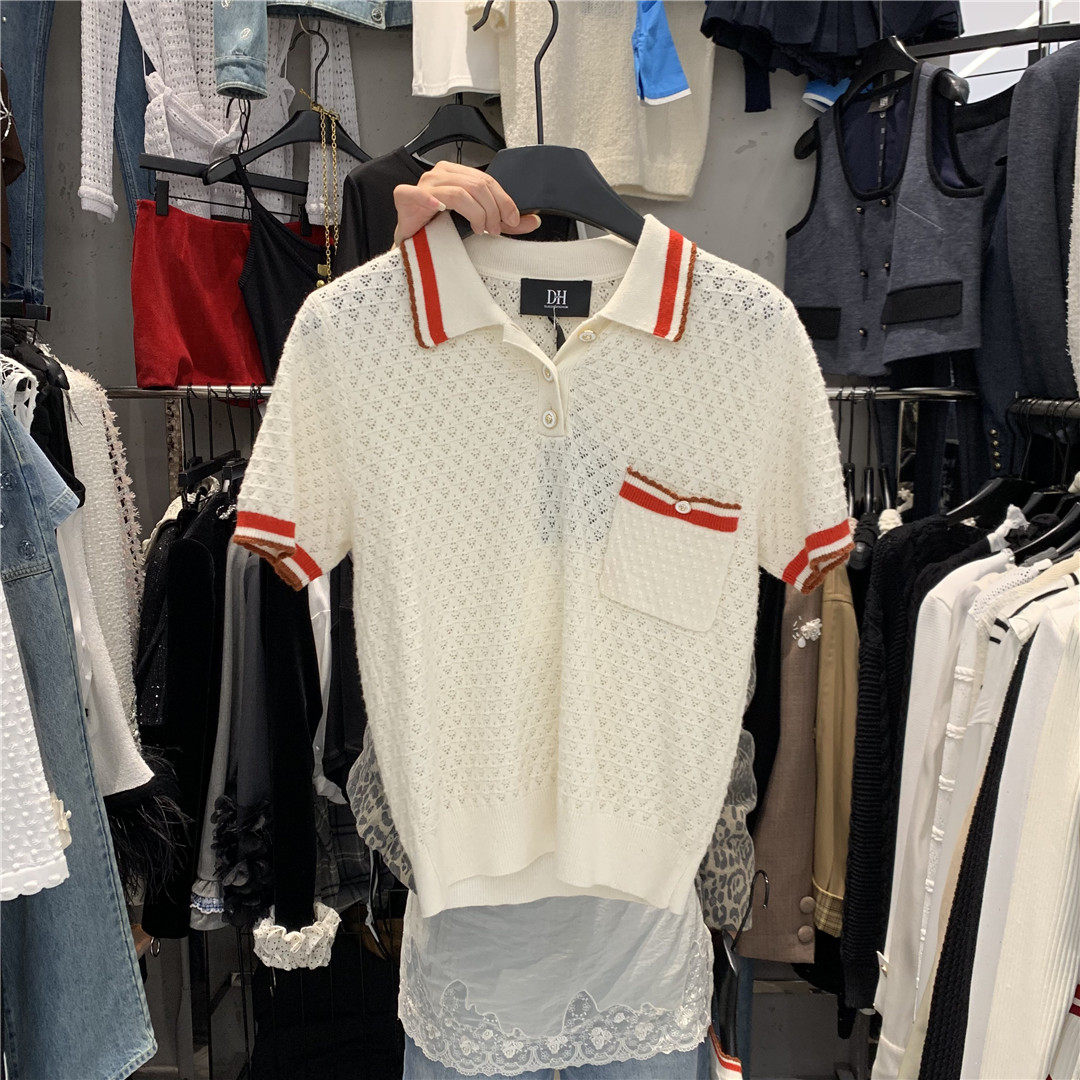DH2026春夏新款韩版设计感撞色条纹POLO领百搭镂空针织衫短袖上衣