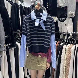 2026早春新款韩版小众设计撞色衬衫拼接假两件百搭条纹针织衫上衣