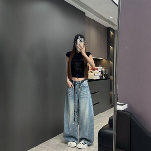 2026春季新款拖地弯刀裤女设计感满天星重工烫钻百搭阔腿牛仔裤潮