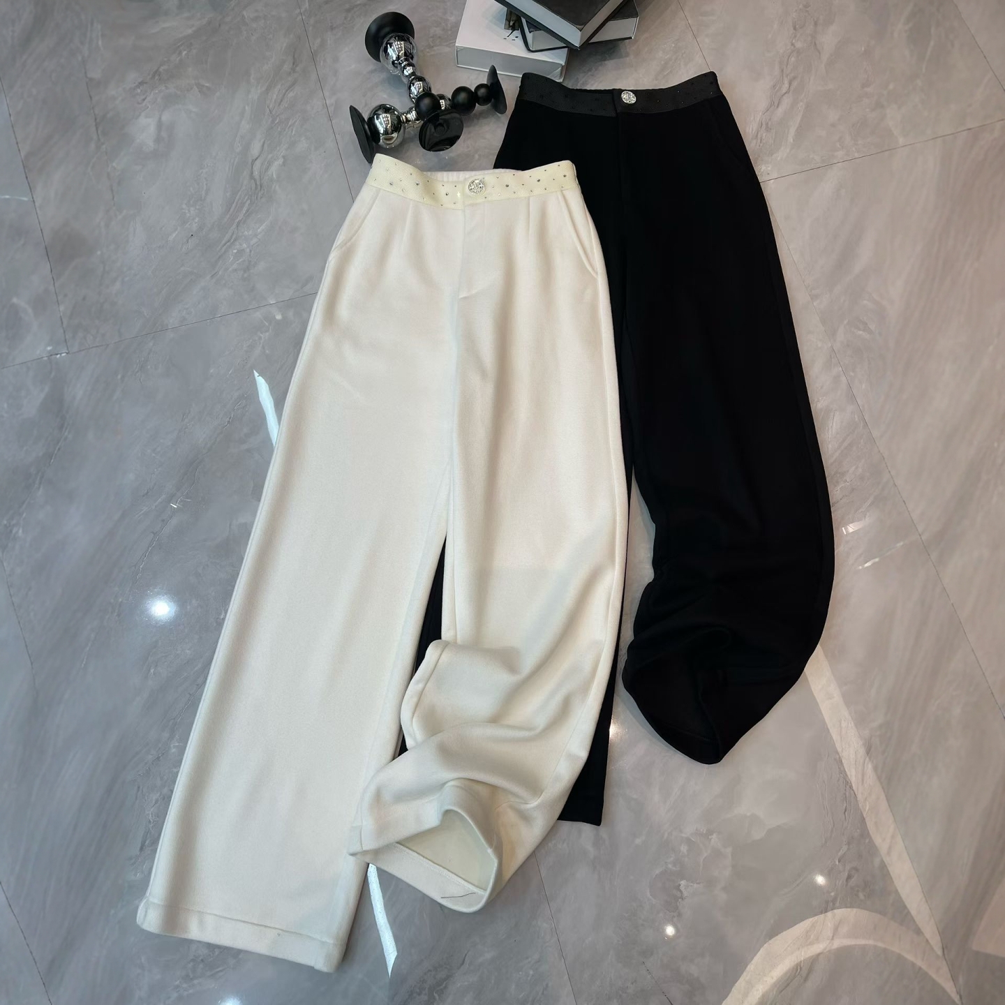 烫钻松紧腰百搭阔腿休闲裤