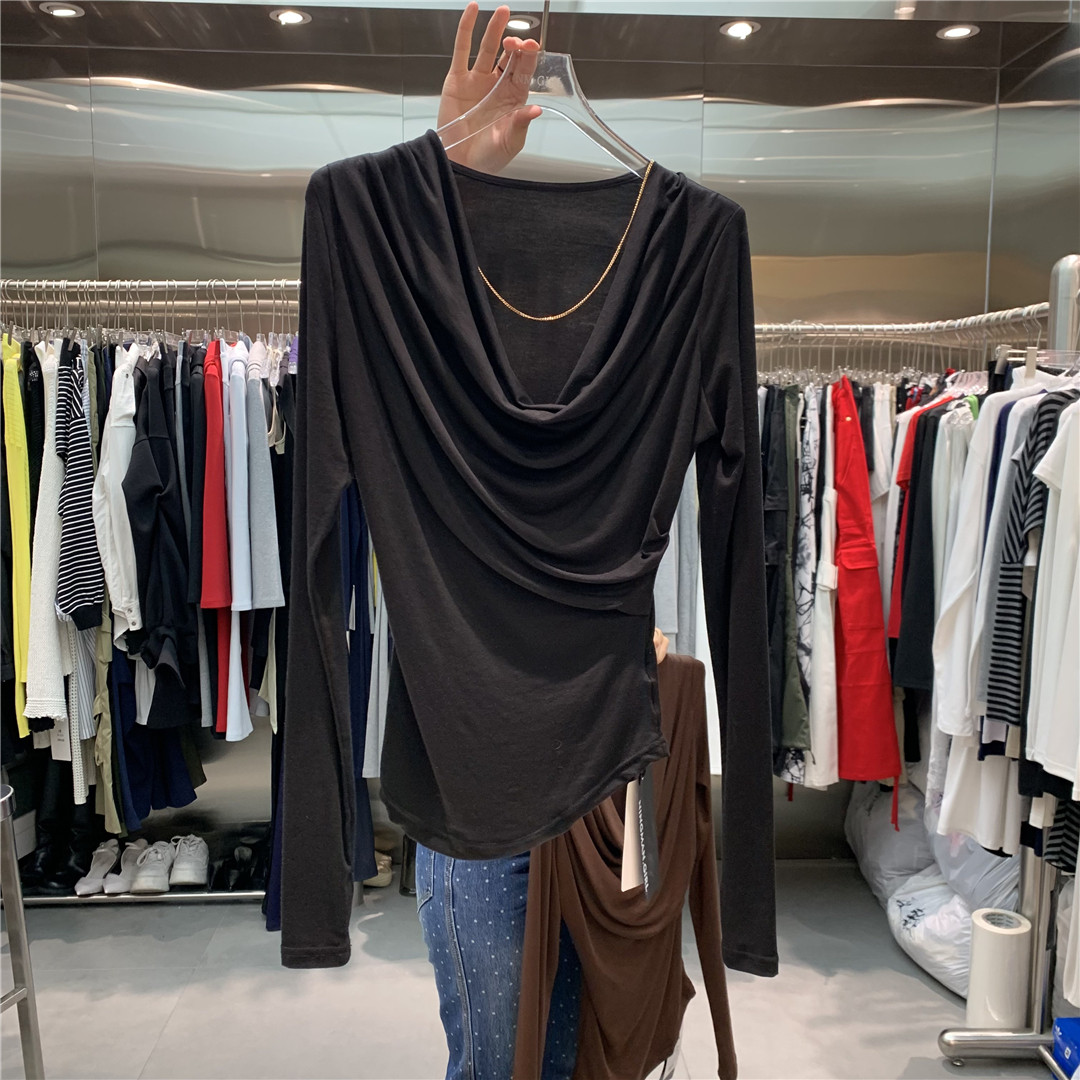 2026春季新款韩版法式荡领轻熟风修身显瘦百搭气质长袖T恤上衣女