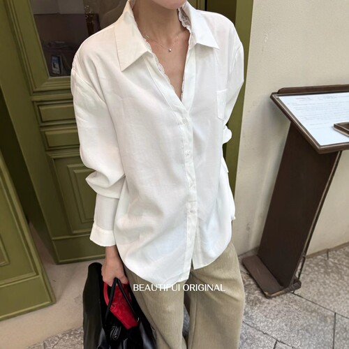 蕾丝拼接慵懒风休闲衬衫上衣