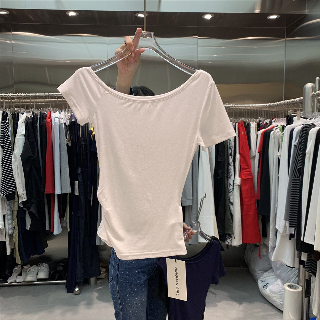 2026春夏新款小众设计一字领修身显瘦不规则百搭辣妹短袖T恤上衣