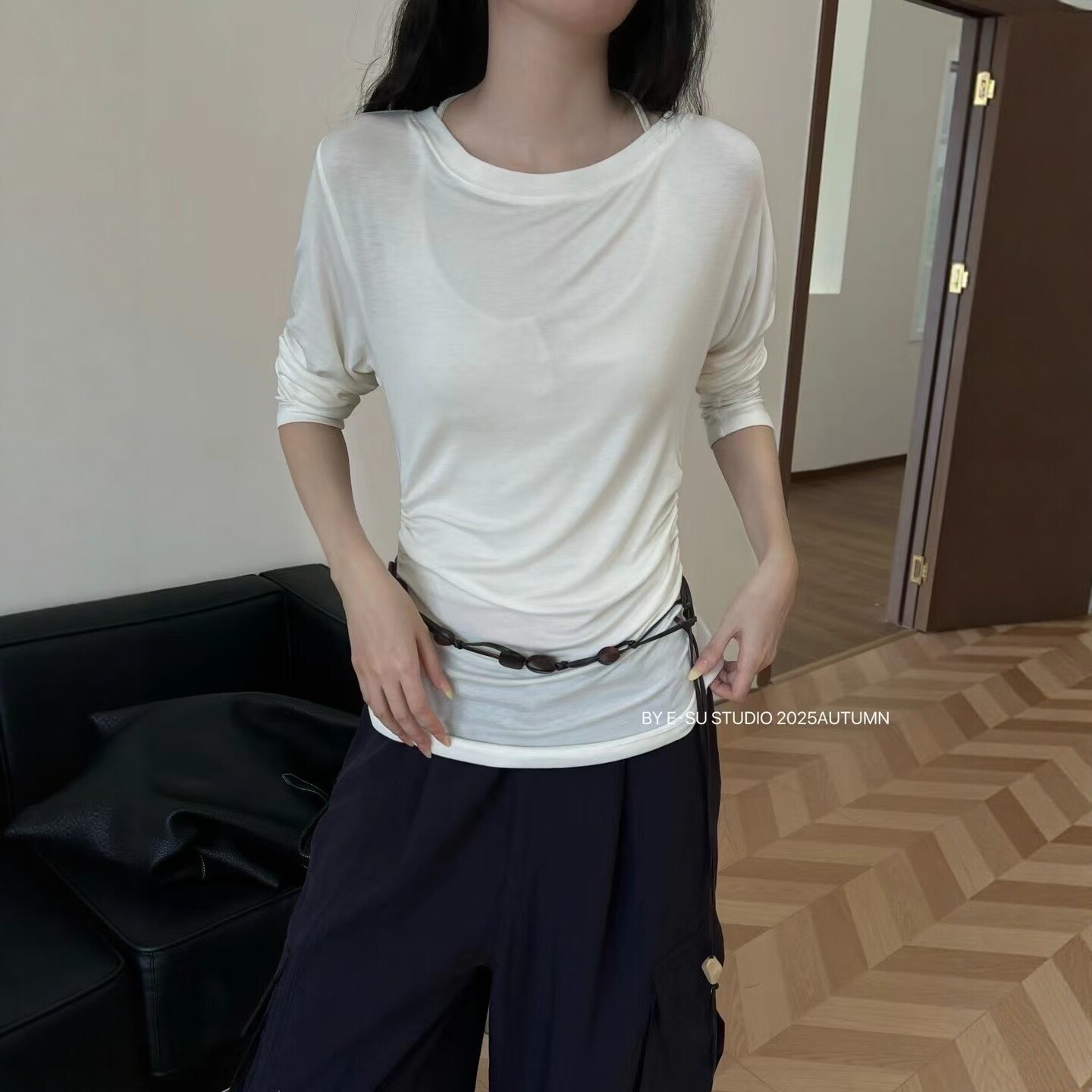 2025早秋新款韩版小众设计圆领套头收腰显瘦百搭防晒长袖T恤上衣