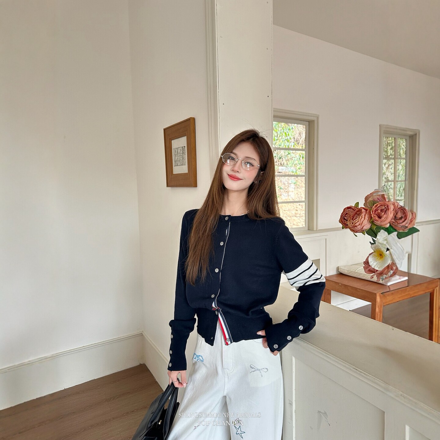 2026春季新款韩版设计感小马刺绣条纹拼接学院风百搭针织开衫上衣