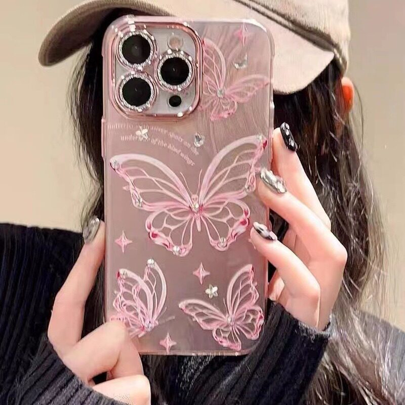 ins梦幻羽纱粉色蝴蝶适用14promax手机壳diy钻iphone13苹果15女12