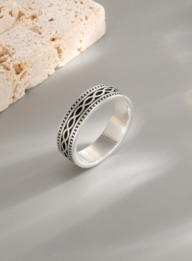 s925纯银复古戒指中古独特设计感小众欧美风波浪条纹指环厂家直销