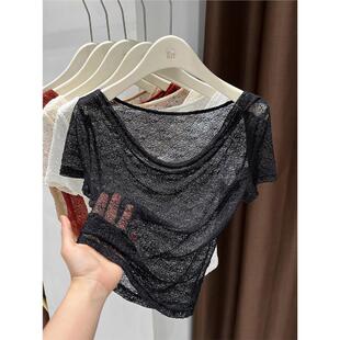 25夏 黑色镂空上衣轻薄款 性感蕾丝短袖 t恤女网纱一字领冰丝打底衫