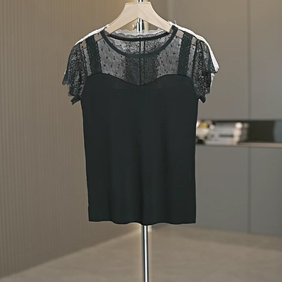 黑色性感网纱拼接立领蕾丝套头短款无袖打底衫夏薄款背心吊带上衣