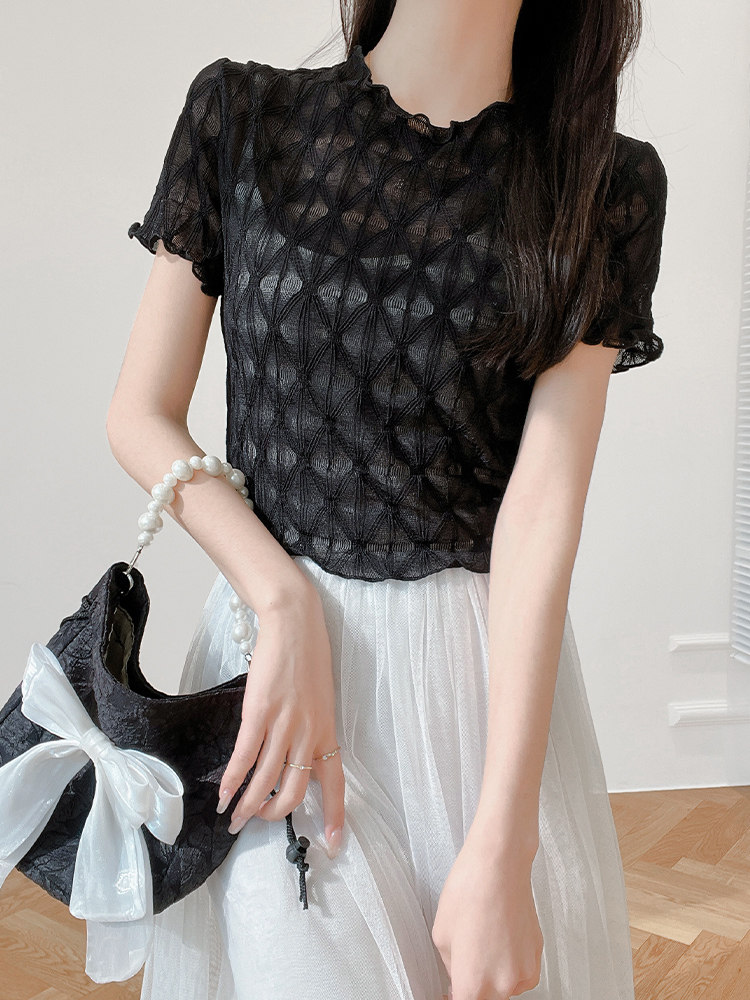 夏季短款蕾丝t恤吊带连衣裙新款内搭微透网纱新款木耳边短袖上衣