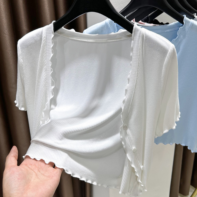 灰色螺纹针织短袖开衫配吊带裙外搭防晒披肩女夏花边薄款罩衫上衣