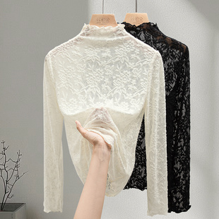 半高领上衣2025秋装新款女装丝柏舍长袖套头气质修身蕾丝打底衫