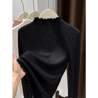 软糯针织提花粉色打底衫半高领有设计感的柔软亲肤法式木耳边上衣