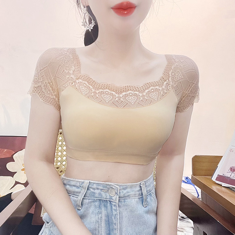 吊带裙内搭女短袖带胸垫蕾丝拼接打底衫半截衫裹胸短款美背上衣夏