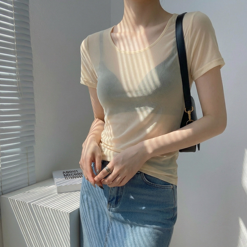 杏色u领短袖T恤女夏独特漂亮超好