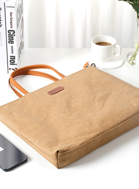 手提单肩斜挎电脑包适用华为苹果 Pro13 14 15 16 寸可水洗牛皮纸通勤文件袋轻便减震笔记本电脑包