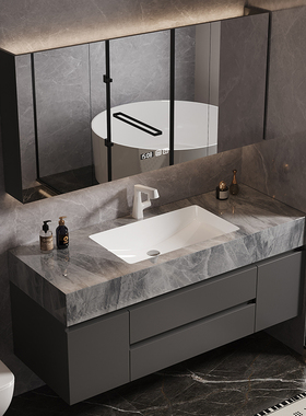 轻奢岩板无缝一体陶瓷盆实木浴室柜组合卫生间洗手盆洗脸盆洗漱台