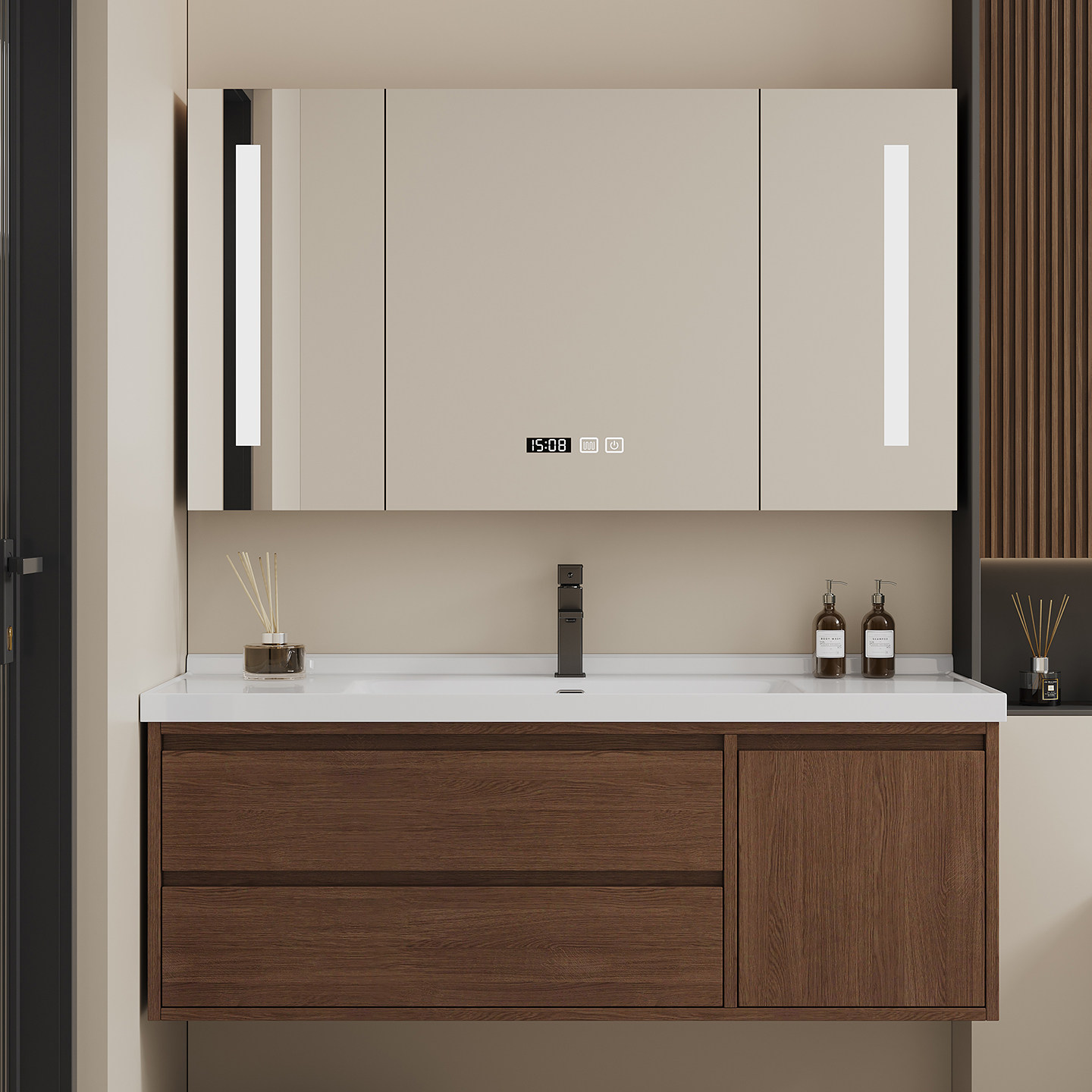 胡桃木浴室柜组合中古风卫生间陶瓷一体盆智能洗手盆洗脸盆洗漱台,家装主材,浴室柜组合,淘宝优惠券,粉丝福利购,淘宝优惠卷