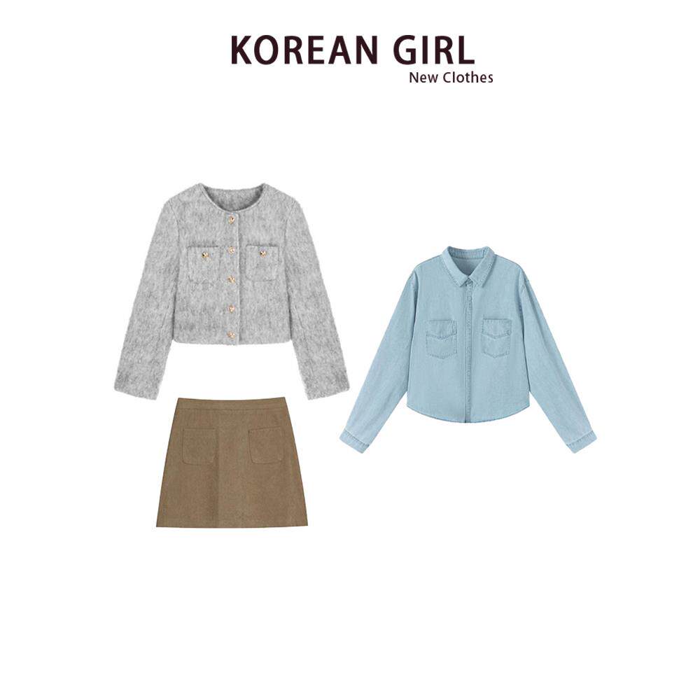小香风套装女2025秋冬新款韩系短款毛呢夹棉外套牛仔衬衫半身裙子