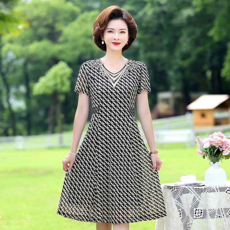 w28妈妈装夏装短袖洋气裙子中连衣裙