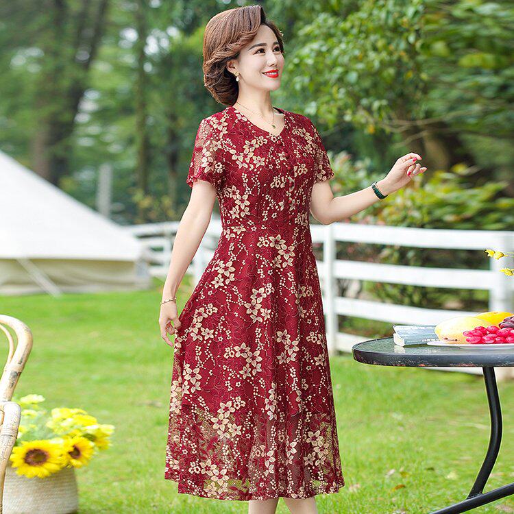 w28妈妈装夏装短袖洋气裙子中年女夏季a91中老年中长款夏天连衣裙