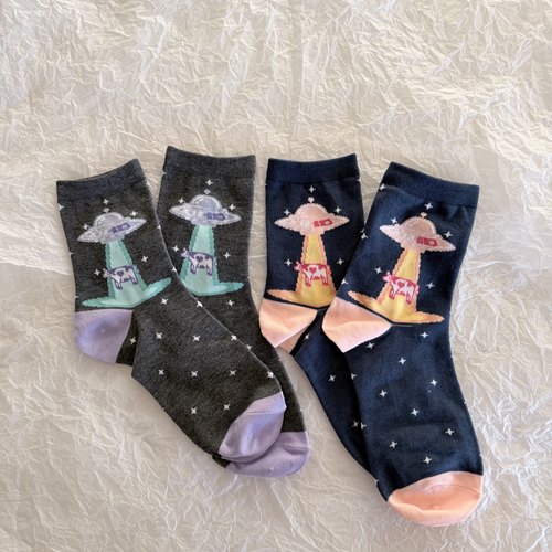 39包邮/日单插画！100%纯棉全棉童趣宇航员印花四季中筒袜