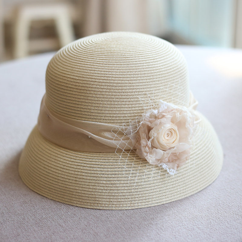 名媛立体花渔夫帽子女夏季防晒仿麻草帽纱缎带遮阳帽百搭盆帽渔夫