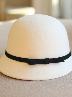 帽子女羊毛呢帽秋冬时尚百搭渔夫帽复古蝴蝶结盆帽礼帽圆顶显脸小