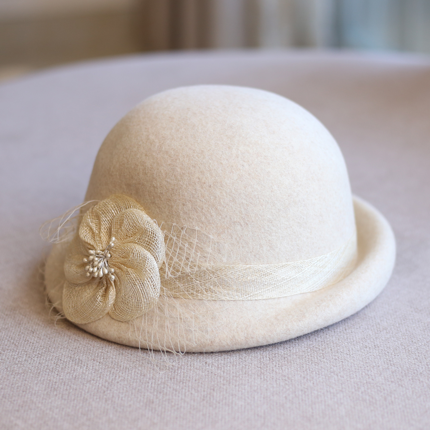 秋冬复古卷边手工羊毛呢圆顶礼帽