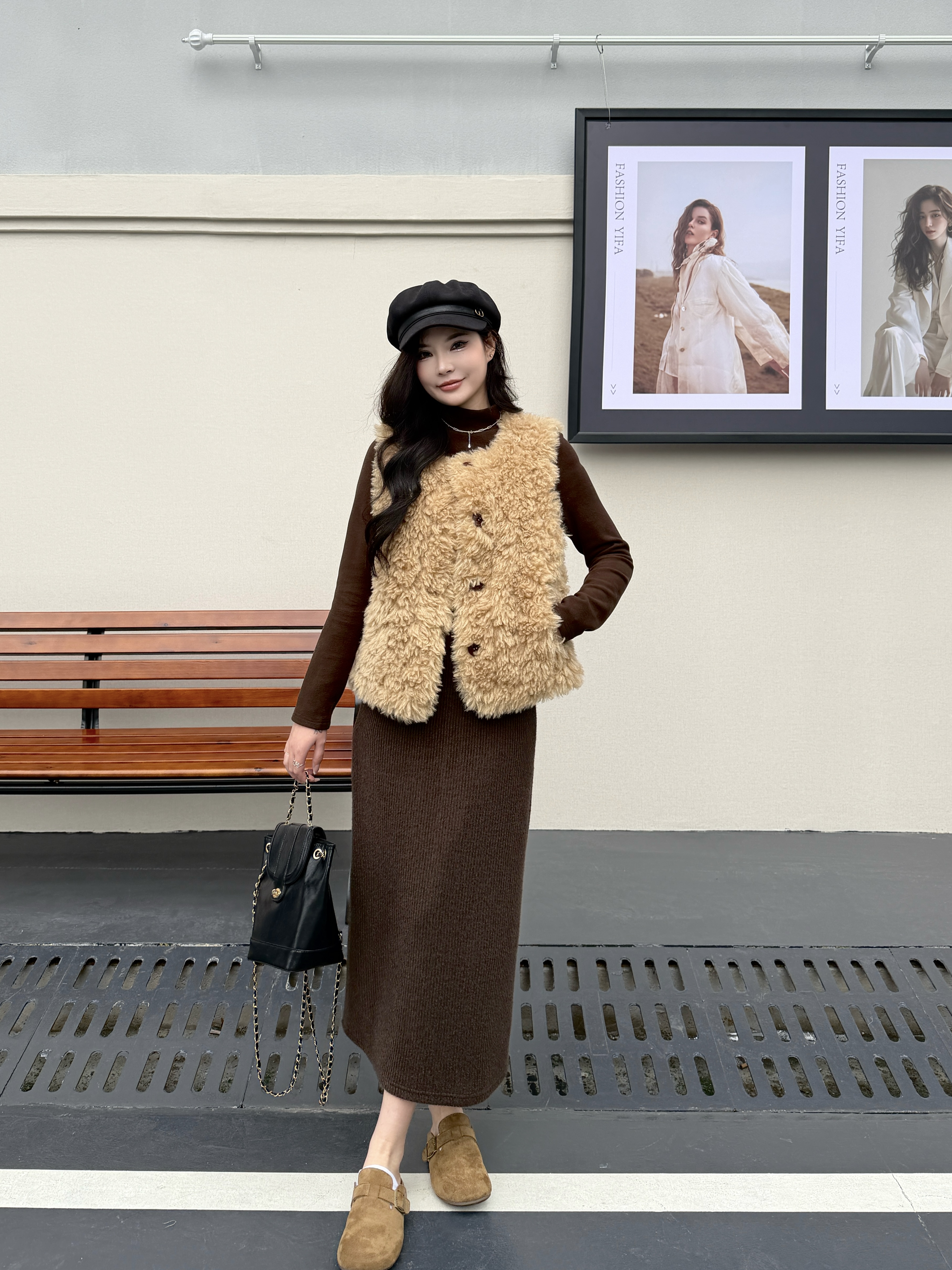 秋冬独特设计感漂亮复古三件套打底上衣毛毛马甲针织半身裙一整套