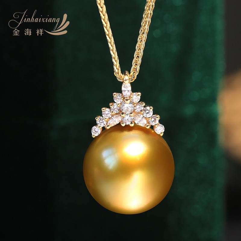 吉尔德赤金南洋天然金珍珠吊坠项链正圆18K金钻石强光冰雪女王款