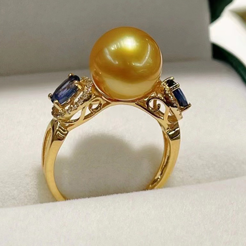 南洋天然海水深金珠戒指 18k金蓝宝石正圆无瑕品质 浓金强光豪华