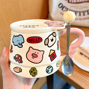 卡通马克杯可爱情侣杯家用早餐陶瓷杯带盖咖啡杯办公室女 日本代购