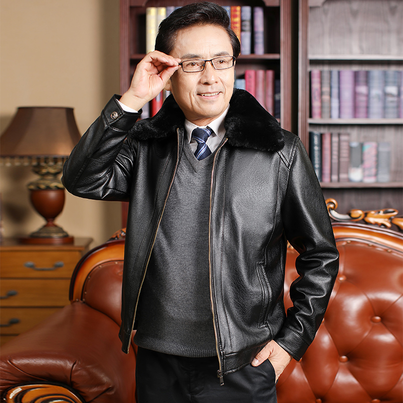 冬季中老年男士皮衣秋冬爸爸皮夹克中年男装外套皮毛一体加绒加厚