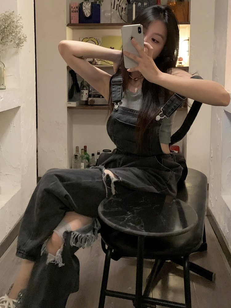 RIPPED DENIM BIB WOMENS SUMMER AMERICAN RETRO HIGH-WAISTED SLIM DESIGN SENSE NICHE FRIED STREET JUMPSUIT TREND