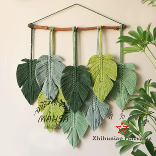 简约现代绿色叶子编织挂毯民宿酒店墙壁上装饰挂件macrame挂饰品