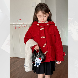 儿童毛呢外套2024冬季新款女童红色牛角扣短款连帽大衣洋气拜年服