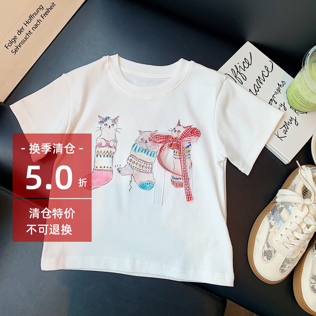 韩国女童夏季白色卡通猫咪短袖T