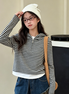 女童连帽撞色假两件长袖T恤