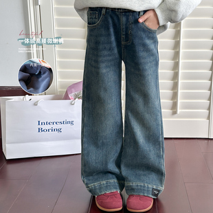 女童一体绒牛仔裤2025冬季儿童韩系高腰显瘦喇叭裤中大童百搭长裤
