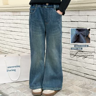 LZ女童加绒牛仔微喇叭裤2025冬季新款儿童韩系一体绒裤子女孩长裤